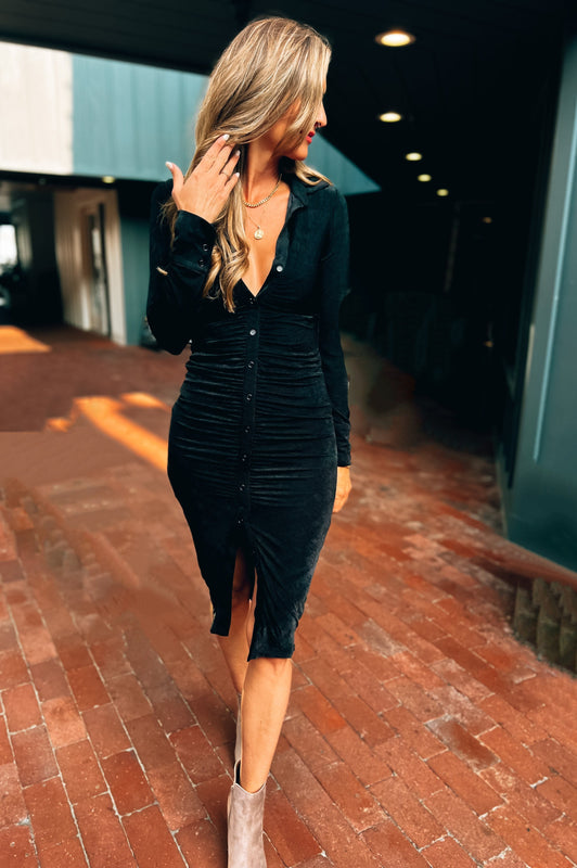 black ruched midi dress long sleeve Klaudia Ruched Long Sleeve Midi Dress Fit and Flare