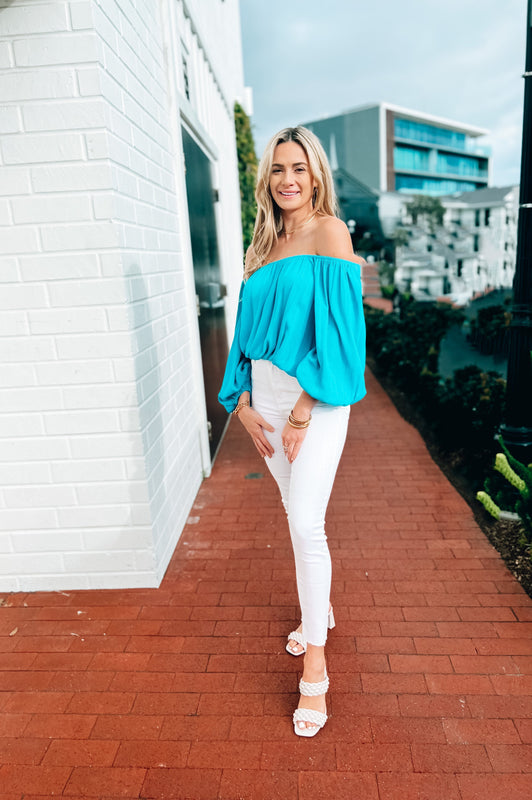 Let's Get Tropical Off the Shoulder Top Turquoise
