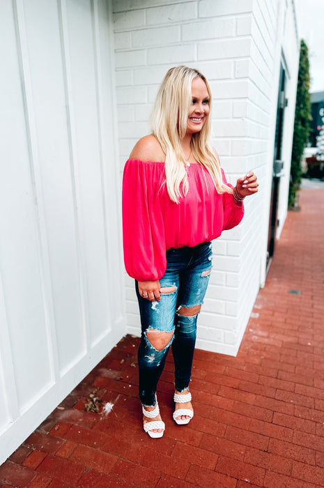 Let's Get Tropical Off the Shoulder Top Fuchsia