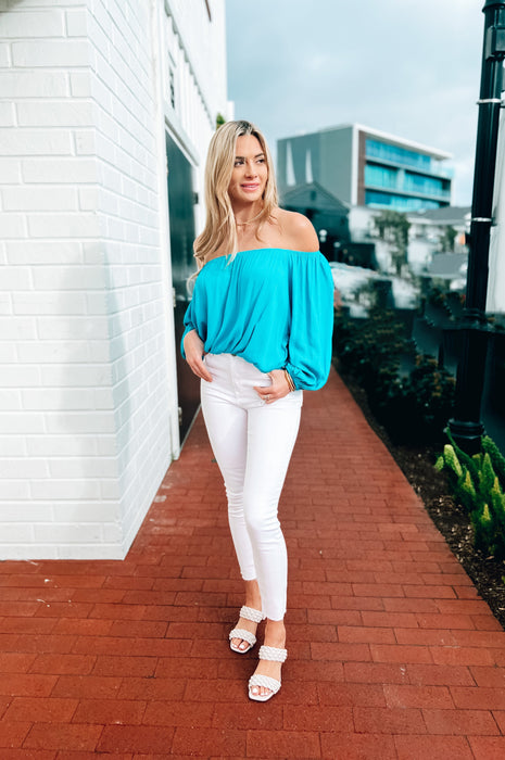 Let's Get Tropical Off the Shoulder Top Turquoise