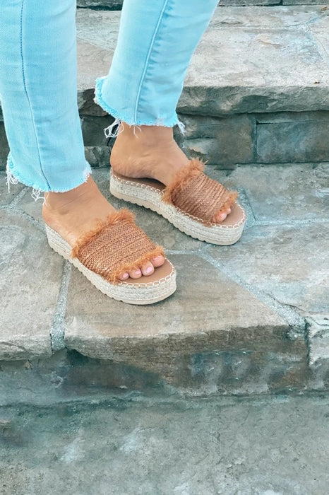 Blissful in Paradise Straw Wedges Cognac