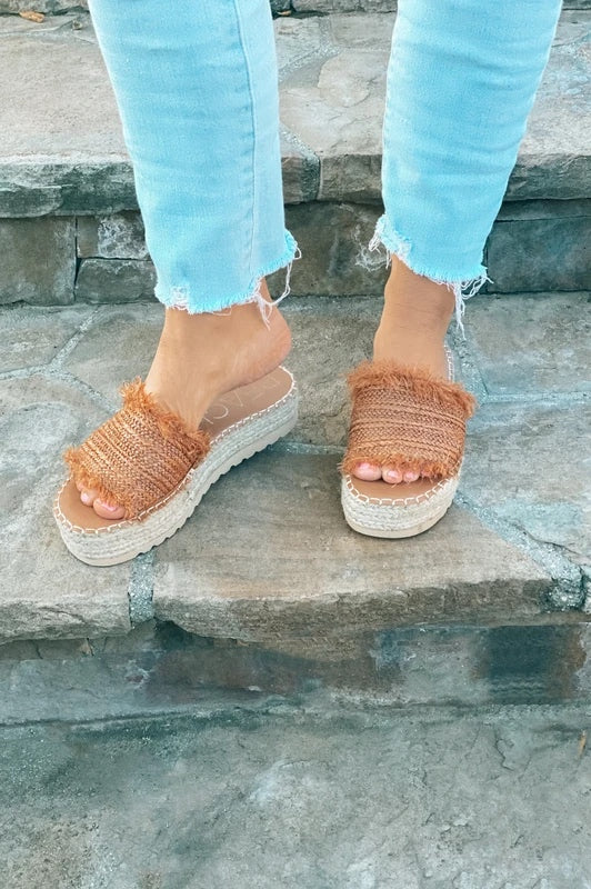 Blissful in Paradise Straw Wedges Cognac